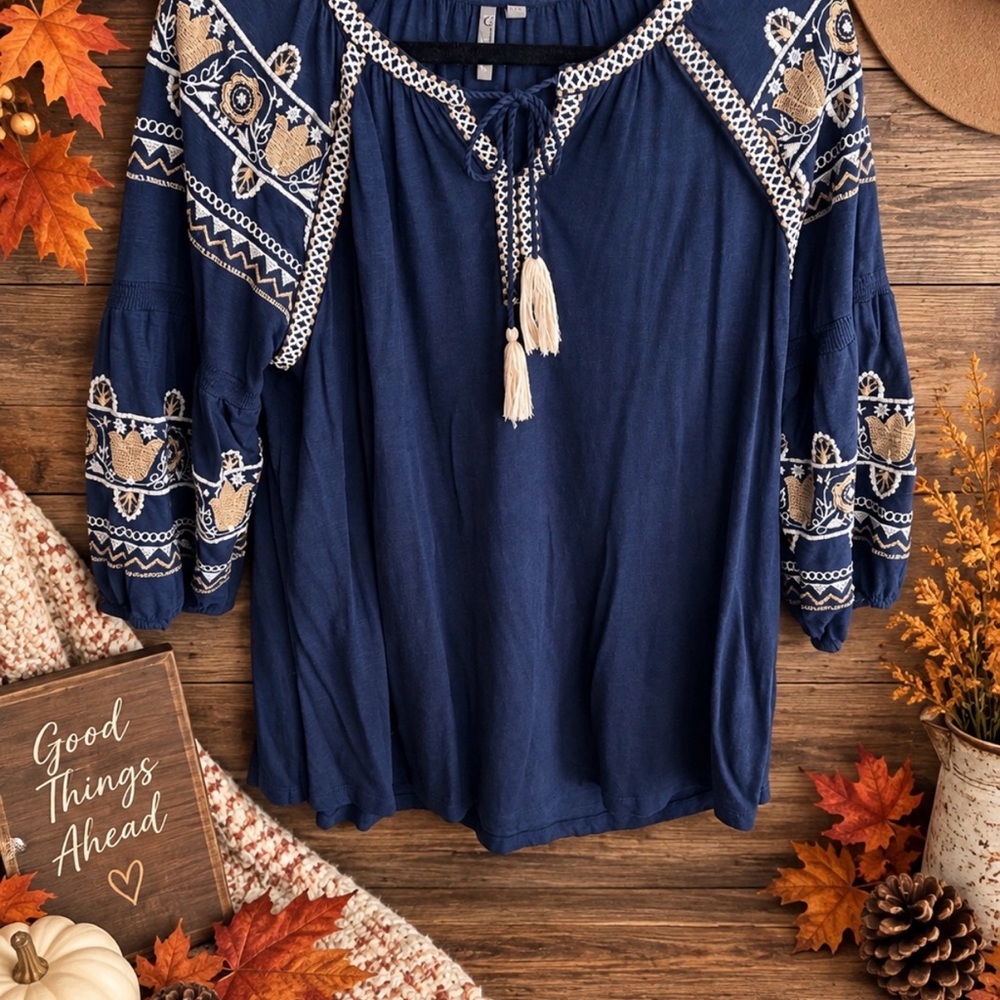 new directions Navy Embroidered Peasant Tunic with Tassel Tie